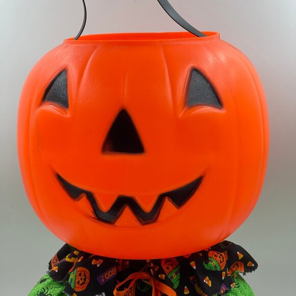 Halloween Pumpkin Head Doll Treat Candy Bucket Seated Handmade Vintage Decor - Picture 3 of 9